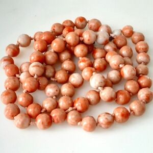 Angel Skin Coral Beaded Brass Barrel Closure Necklace 32" - Vtg